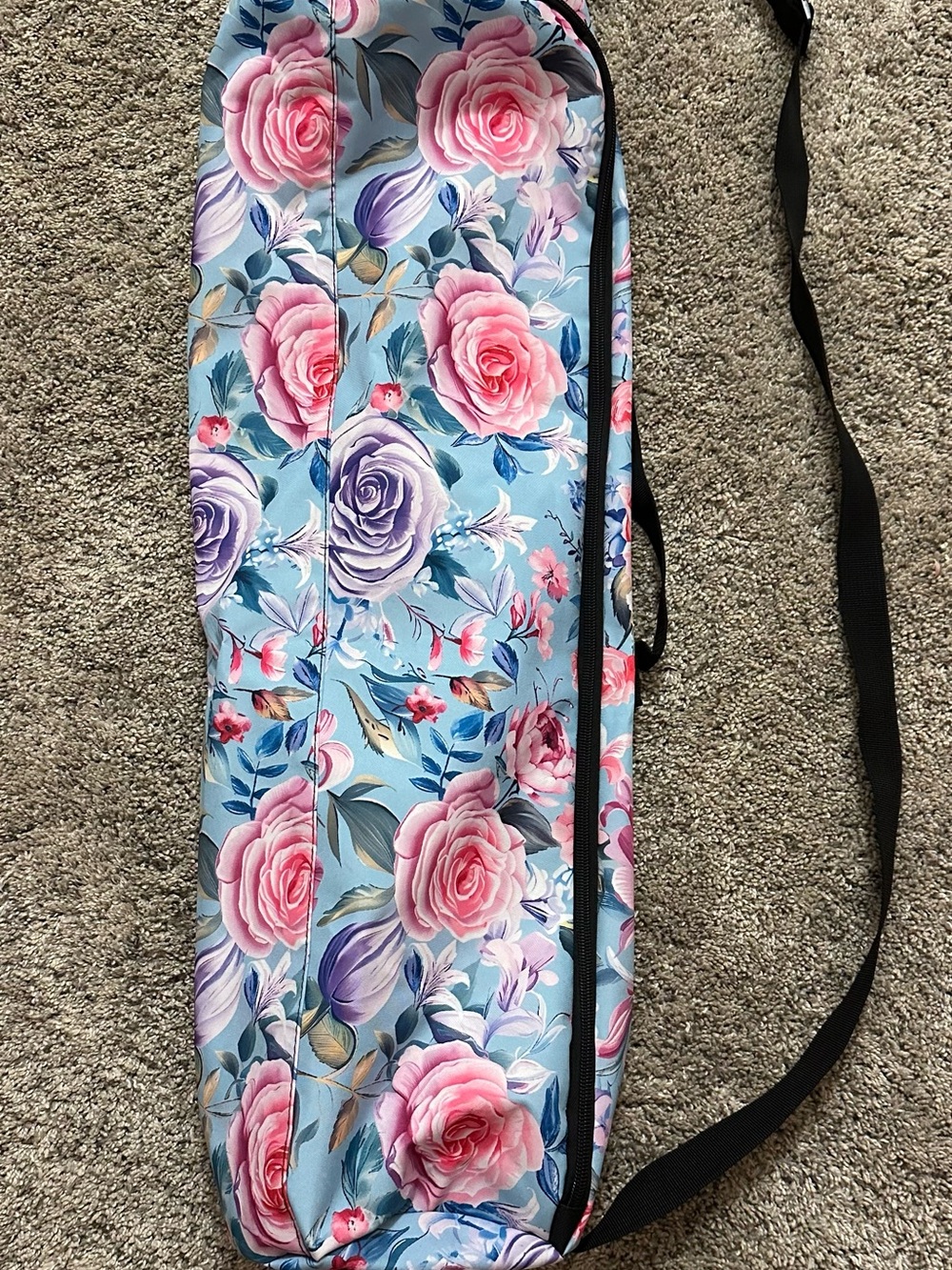 Floral Canvas Crossbody Bag in Blue with Pink Rose Print